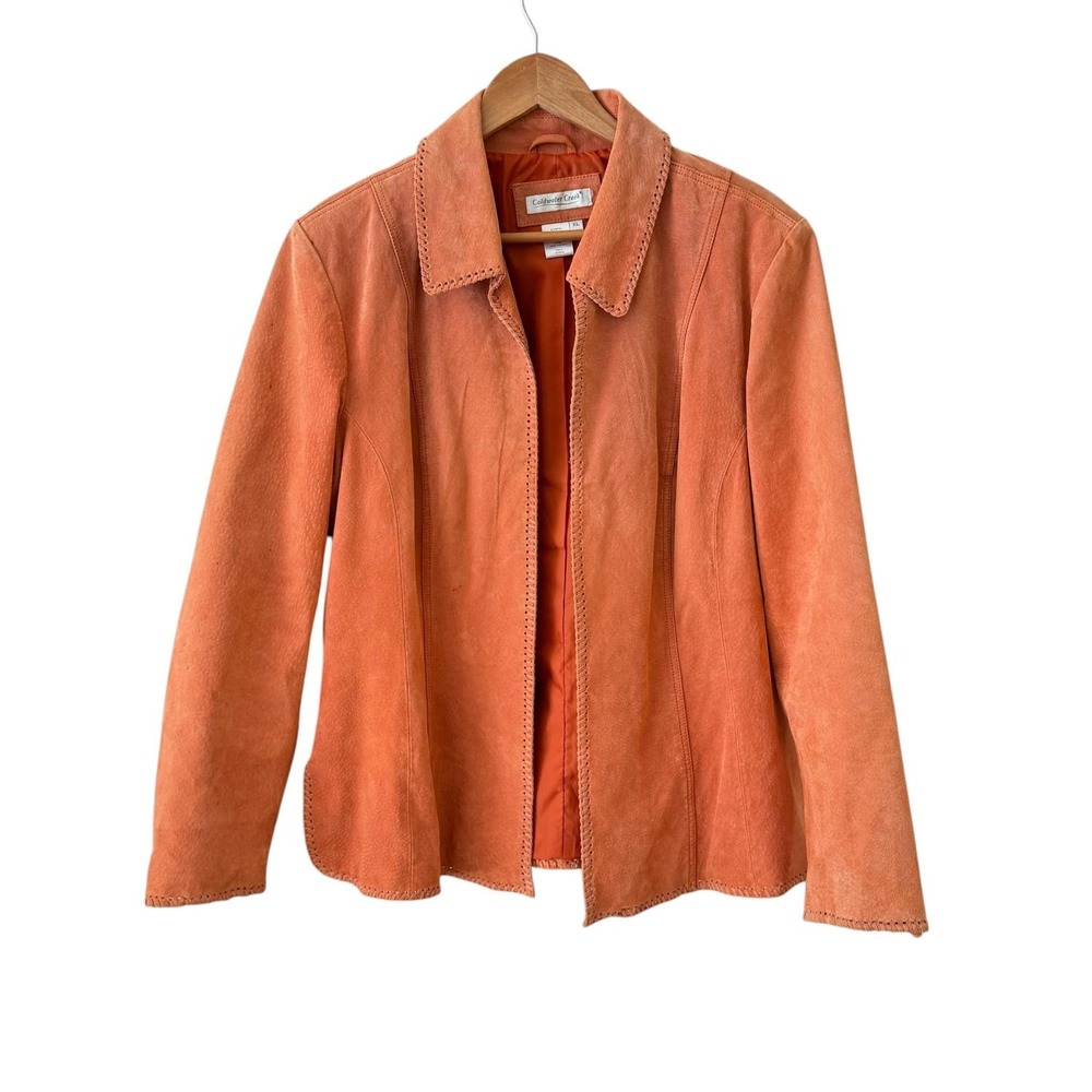 Coldwater Creek Suede Leather Open Front Jacket XL Orange Whipstitch Suede Boho